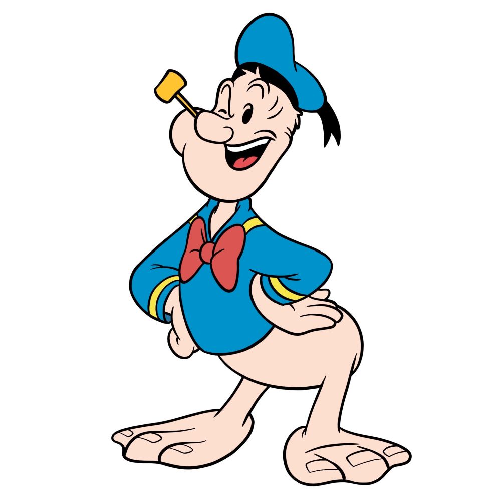 A blend of Popeye and Donald Duck with Popeye's face and skin colour and Donald Duck's body shape and clothing.  He looks great.