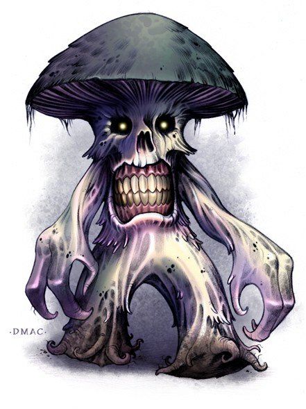 A drawing of an anthropomorphic mushroom guy who also looks undead