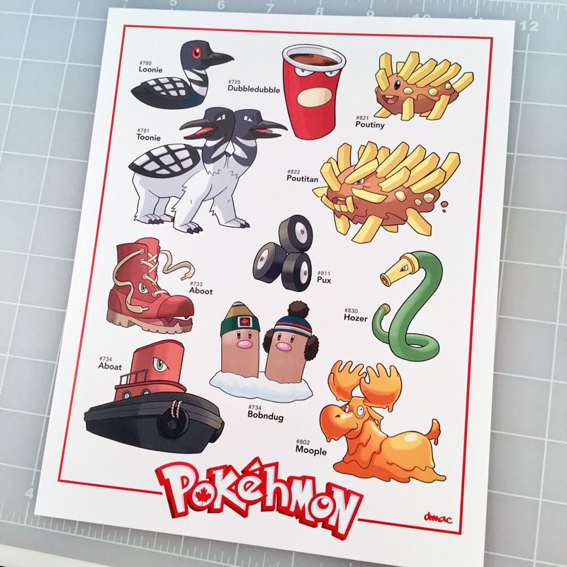 A print with various Canadian-themed Pokémon including "Poutiny", "Hozer", "Moople", and "Aboot".