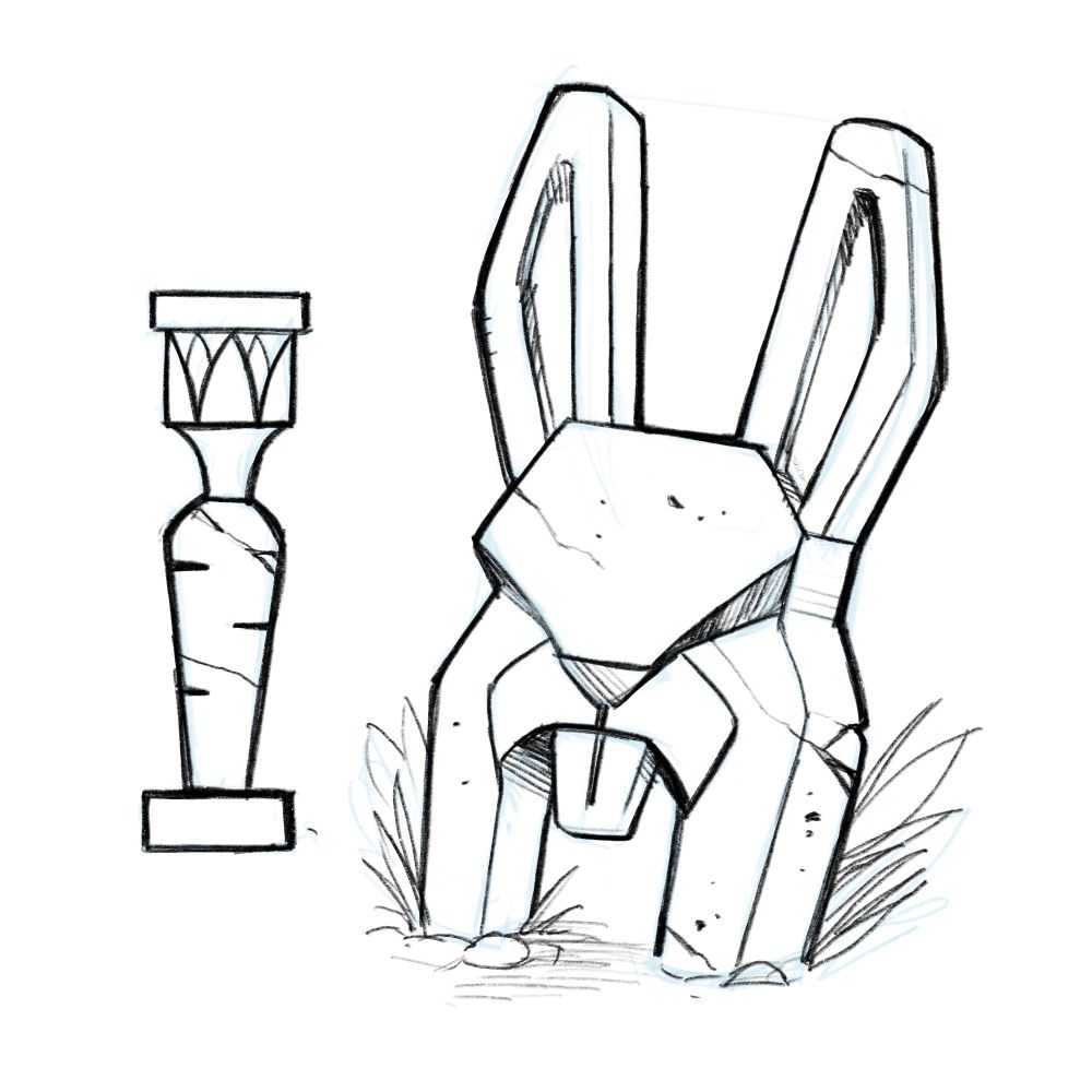 A sketch of a carrot-shaped column and a rabbit head statue/entrance.