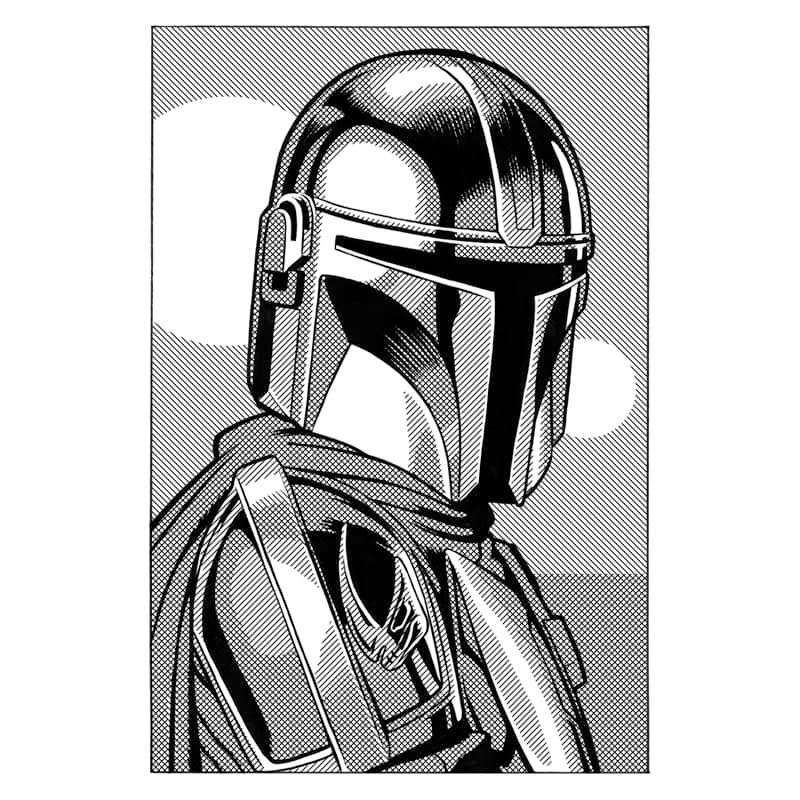 The same Mandalorian artwork but with digital halftone shading added.
