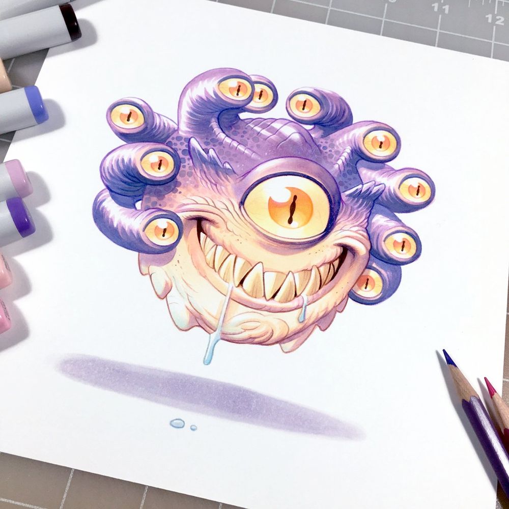 Marker and coloured pencil drawing of a grinning beholder.  A number of Copic markers can be seen on the left side of the page and a pair of Col-Erase pencils are poking out from the right.