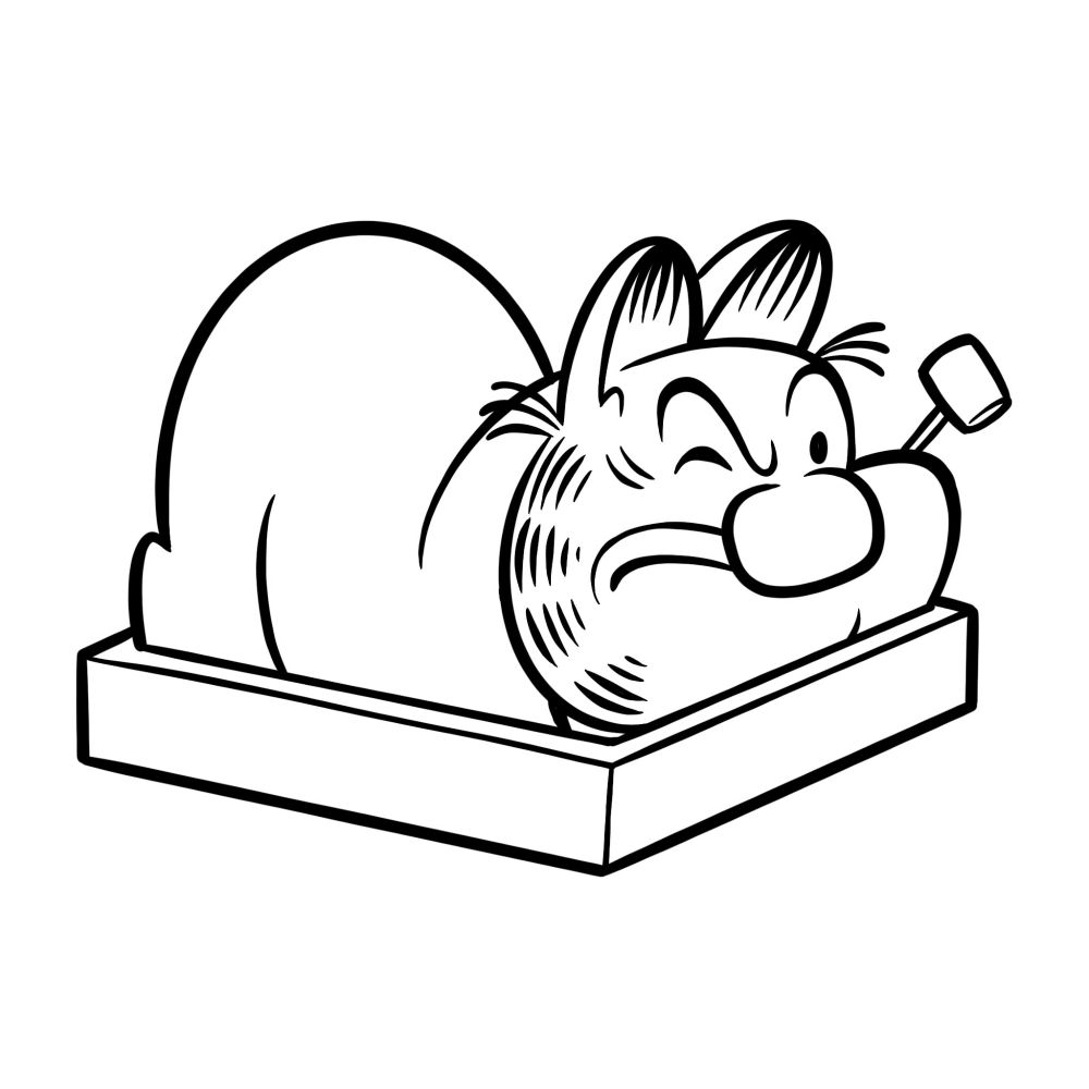 Garfeye curled up in his little cat bed.