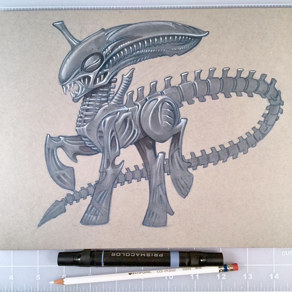 A drawing of a cross between the xenomorph aliens from Alien and a My Little Pony unicorn on toned tan paper.  Below the drawing are a grey Prismacolor marker and a white Col-Erase pencil.