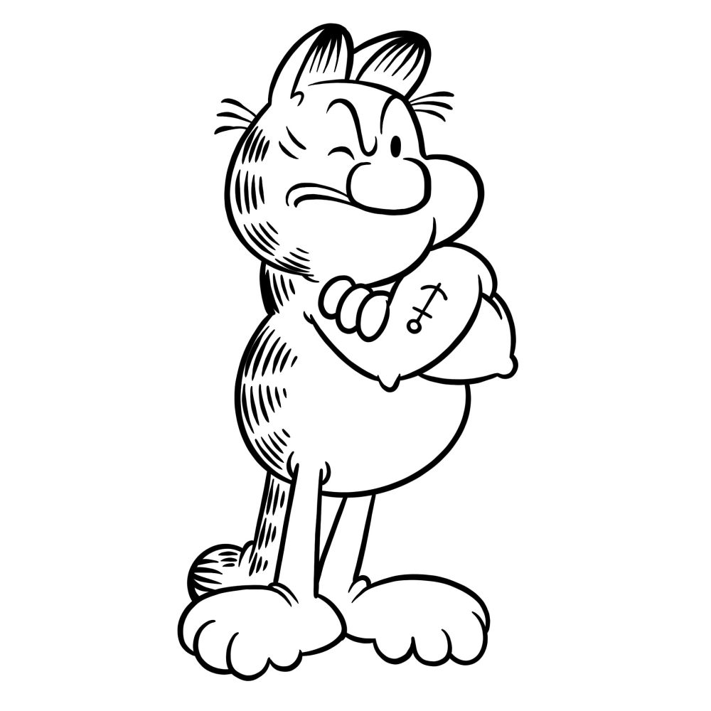 A combination of Garfield and Popeye with Popeye's face on Garfield's body with the exception of him also having Popeye's beefy forearms.