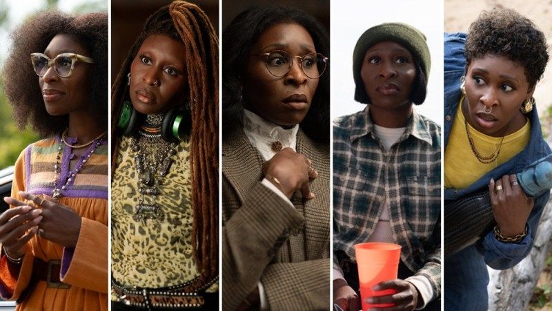 Cynthia Erivo dans Poker Face.
Elle joue 5 personnages, qui sont dans 5 photos les uns à côté des autres.
Avec des styles vestimentaires très différents 
