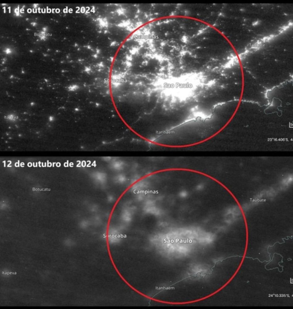 Imagens de satélite da Nasa mostram antes e depois do apagão na Grande São Paulo