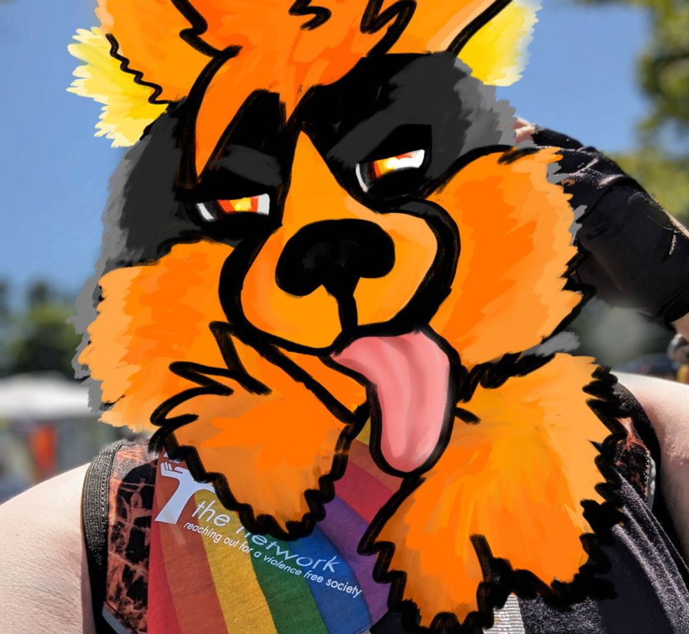 A draw over of a selfie I took at Pride. I used Autodesk Sketchbook to draw my orange and black canine Fursona over my face.