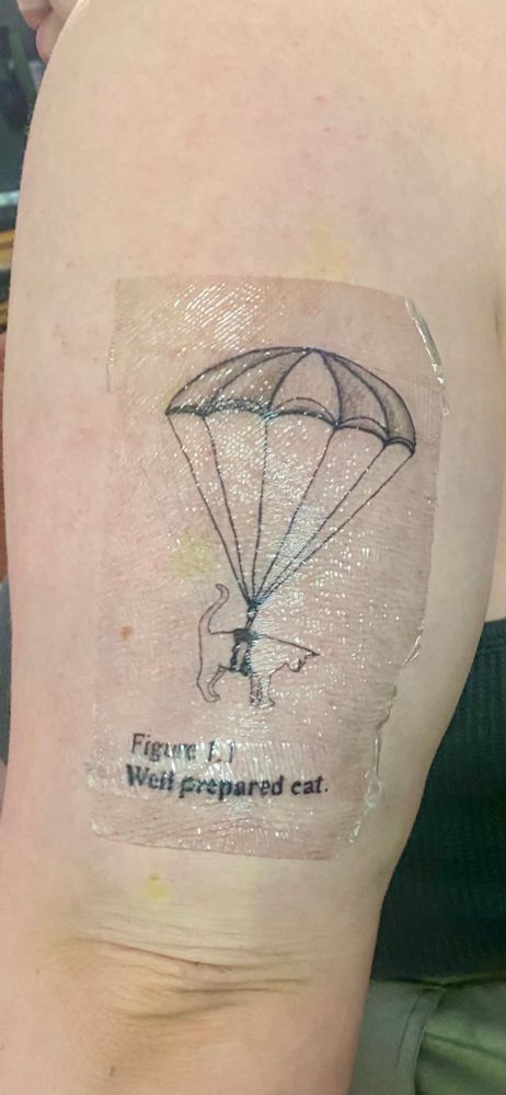 Tattoo on the back of my arm just above the elbow. It shows a cat attached to a parachute with “Figure 1.1 Well prepared cat.” written underneath. 