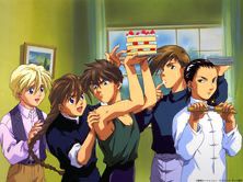 The Gundam wing boys fighting over a cake. Of course Wufei has a knife. 