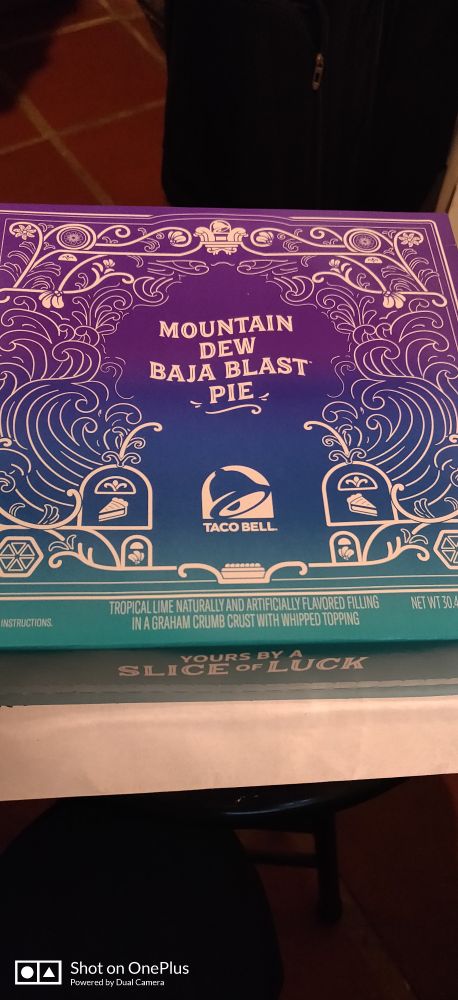Box for Mountain Dew Baja Blast pie from Taco Bell