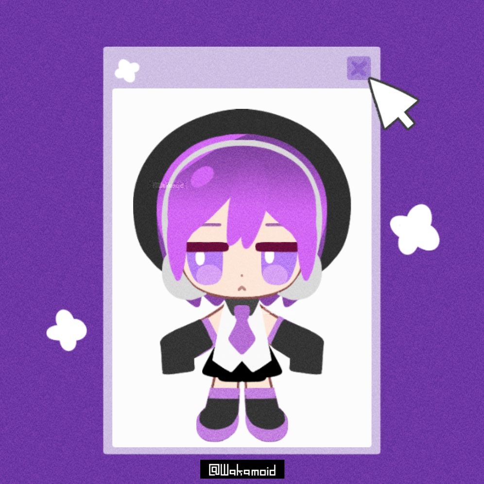 Chibi version of the UTAU character Defoko/Utane Uta, made in a character creation tool linked below. She’s placed inside a purple program window
