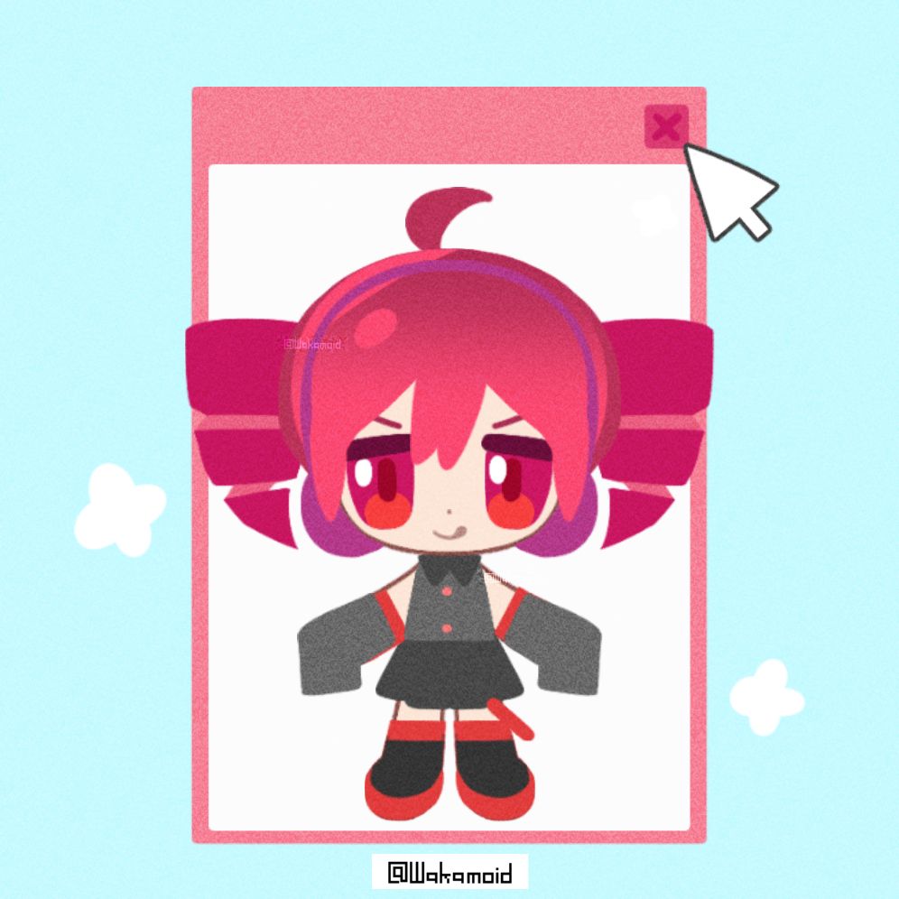 Chibi version of the UTAU character Kasane Teto, made in a character creation tool linked below. She’s placed inside a pink program window