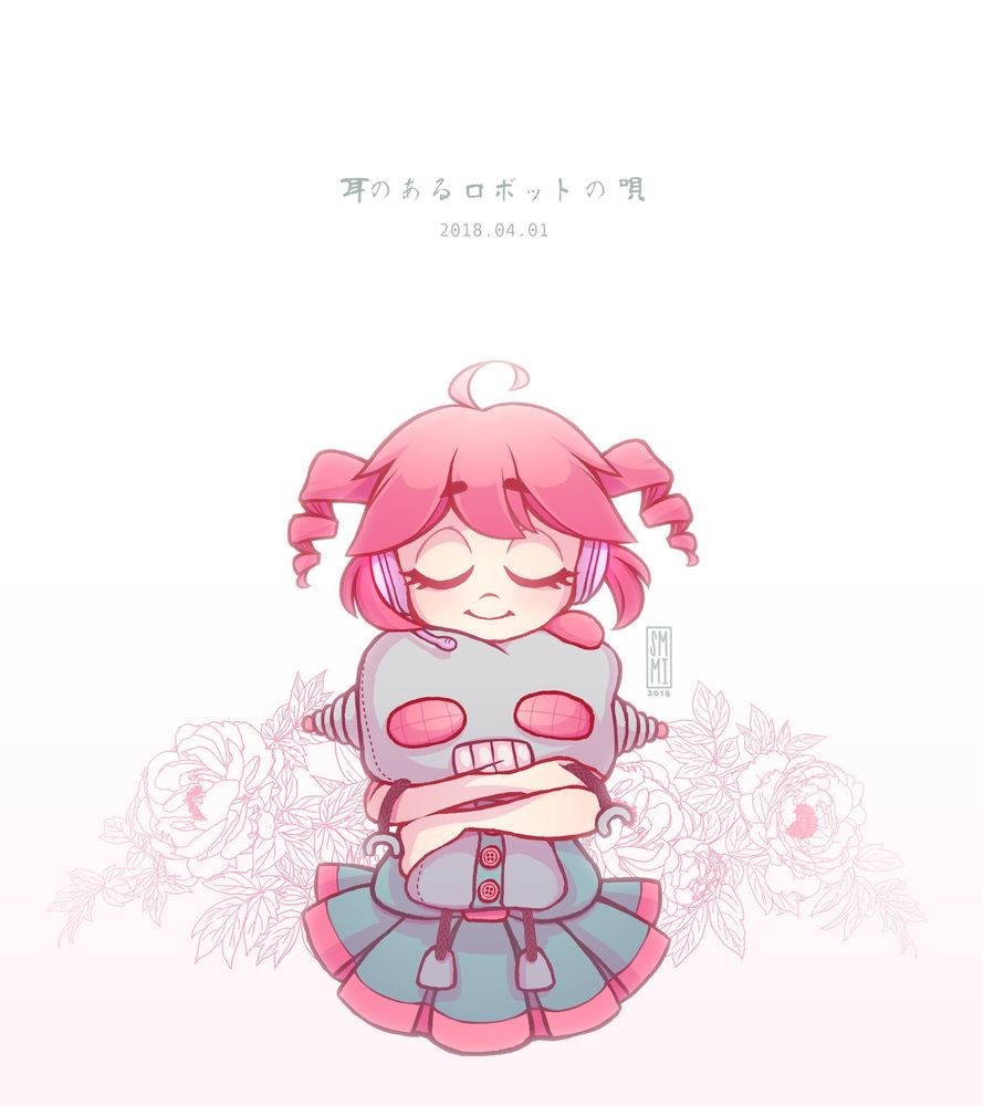 Artwork of Kasane Teto, featured in smmi's 2018 UTAU cover of Mimirobo-P's song "Song of Eared Robot". Teto is calmly closing her eyes and hugging onto a plush version of the robot from the original PV made by Naotoenu.