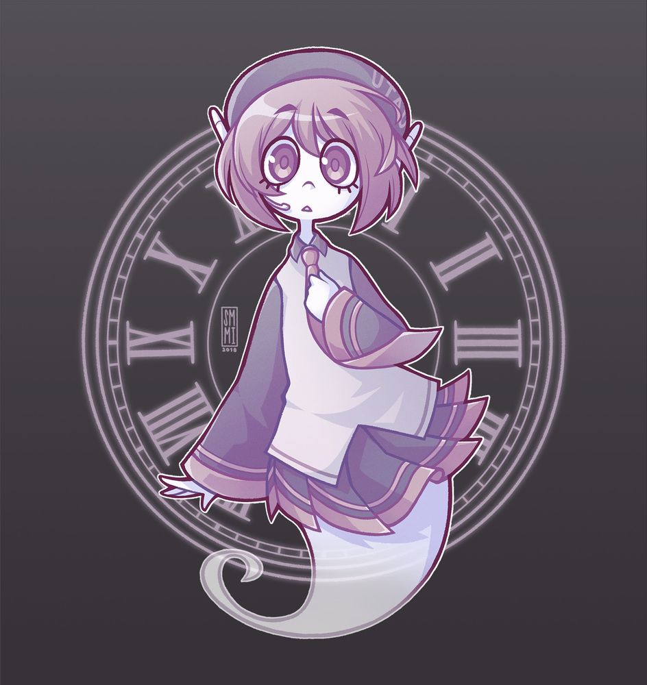 A pale, floating ghost version of UTAU Defoko looking the viewer, with wind blowing in her hair and clothes as well as a glowing clock floating behind her on a dark background.