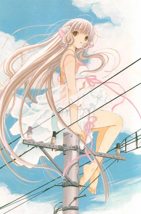 Illustration of Chii from the manga Chobits. She’s sitting on top of an electric pole, and also has long, flowy light strawberry blonde hair.