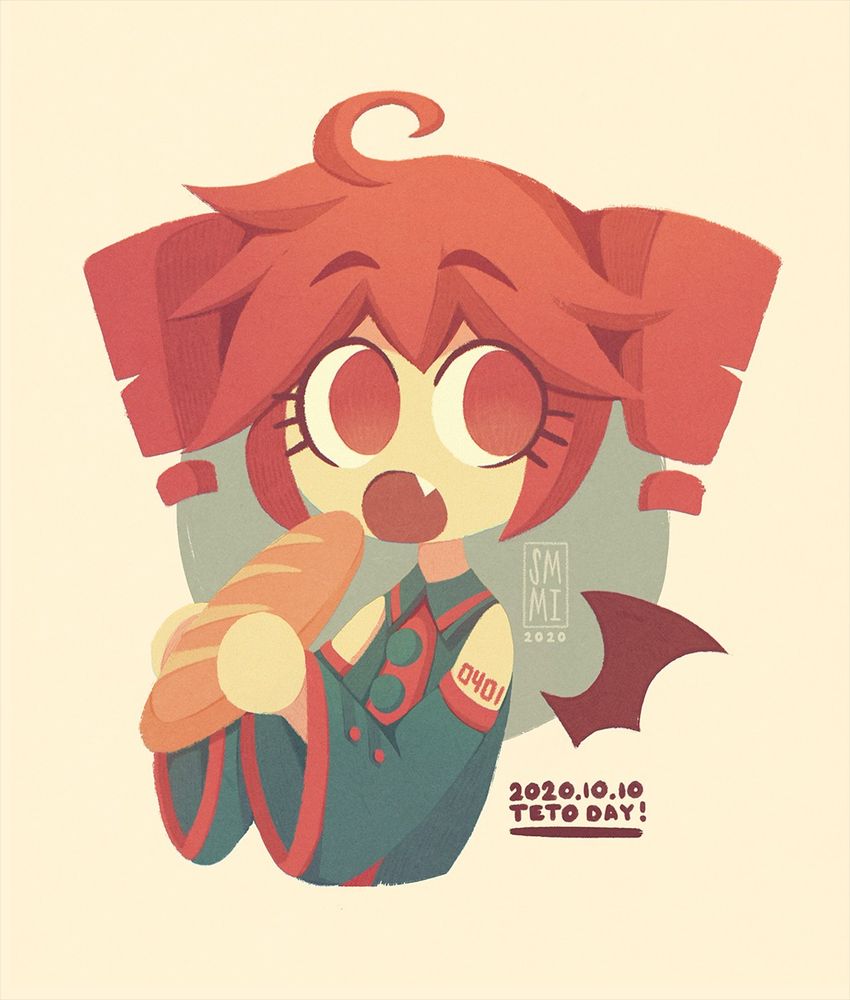 A simplistic bust-up picture of Kasane Teto in her chimera form, right about to take a big bite of the baguette she's holding while having a suprised facial expression.