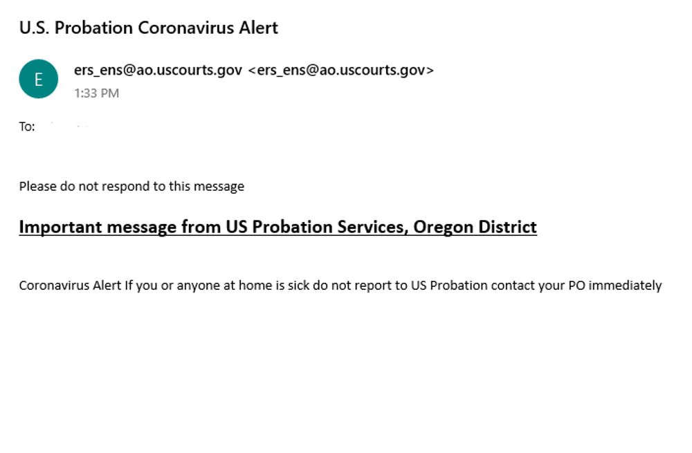 U.S. Probation Tells Oregon Supervisees Not To Report if Sick