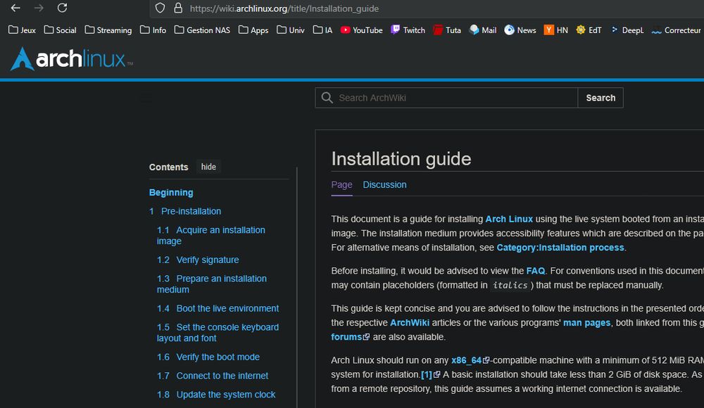 Screen du Wiki "archlinux", page : "Installation guide"