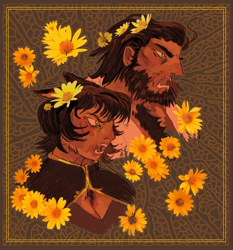 two drawn headshots of characters from the show RWBY - Kali and Ghira Belladonna, snarling and facing to the right. They are surrounded by decorative flowers and lines