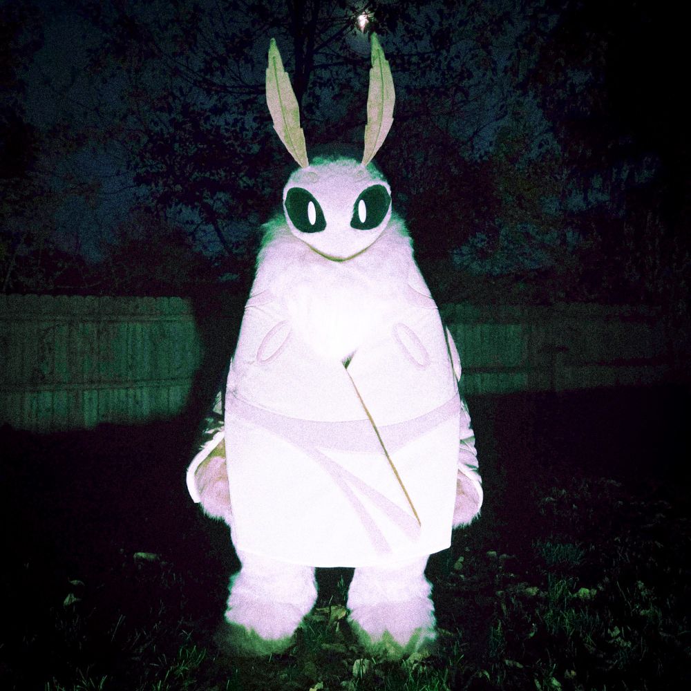 Moth fursuiter (Bronk) crouching in grass with wings folded over body. Nighttime, harshly lit, moon in background.