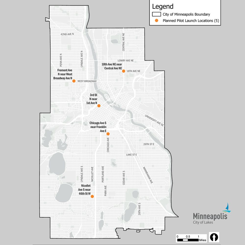 Map of Minneapolis indicating traffic safety camera locations for the pilot a: Freemont Ave. N near W Broadway Ave; 18th Ave NE near Central Ave NE; 3rd St N near 1st Ave N; Chicago Ave S near Franklin Ave E; and Nicollet Ave S near 46th St W.