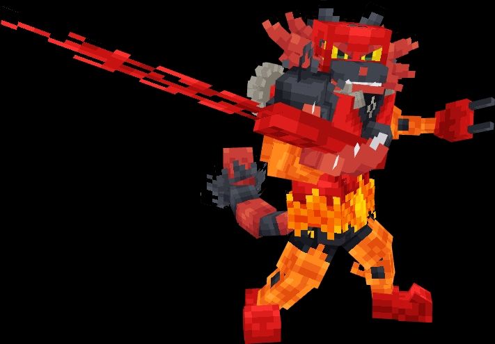 A screenshot of Incineroar from Cobblemon dressed as Tahu from Bionicle.