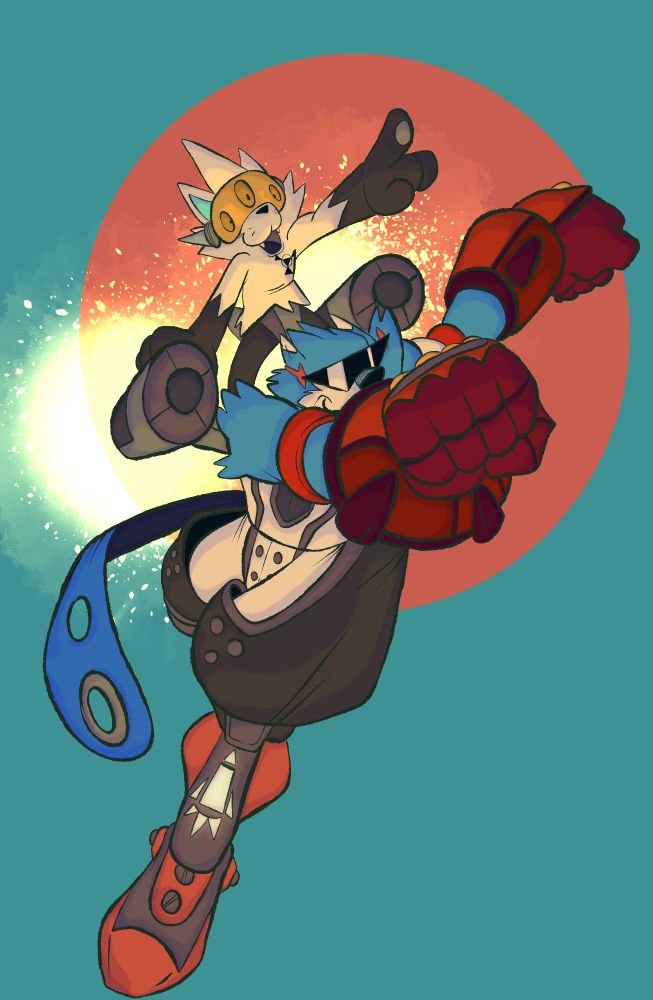 Art of Zalno as a Peroximon riding on the back of Rook, his MachGaogamon partner as he flies through the air with his jetpack. 