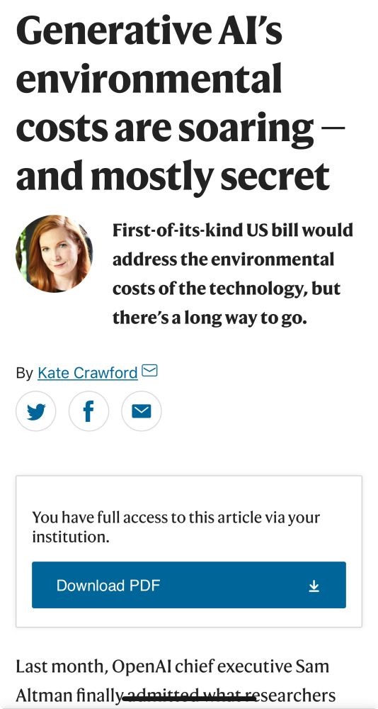 Screenshot of a Nature story entitled “Generative AI’s environmental costs are soaring—and mostly secret.”