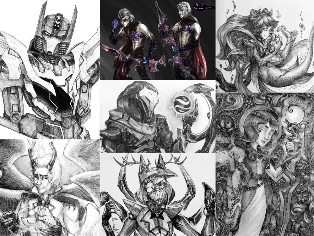 Traditional pencil art (one being coloured digitally)