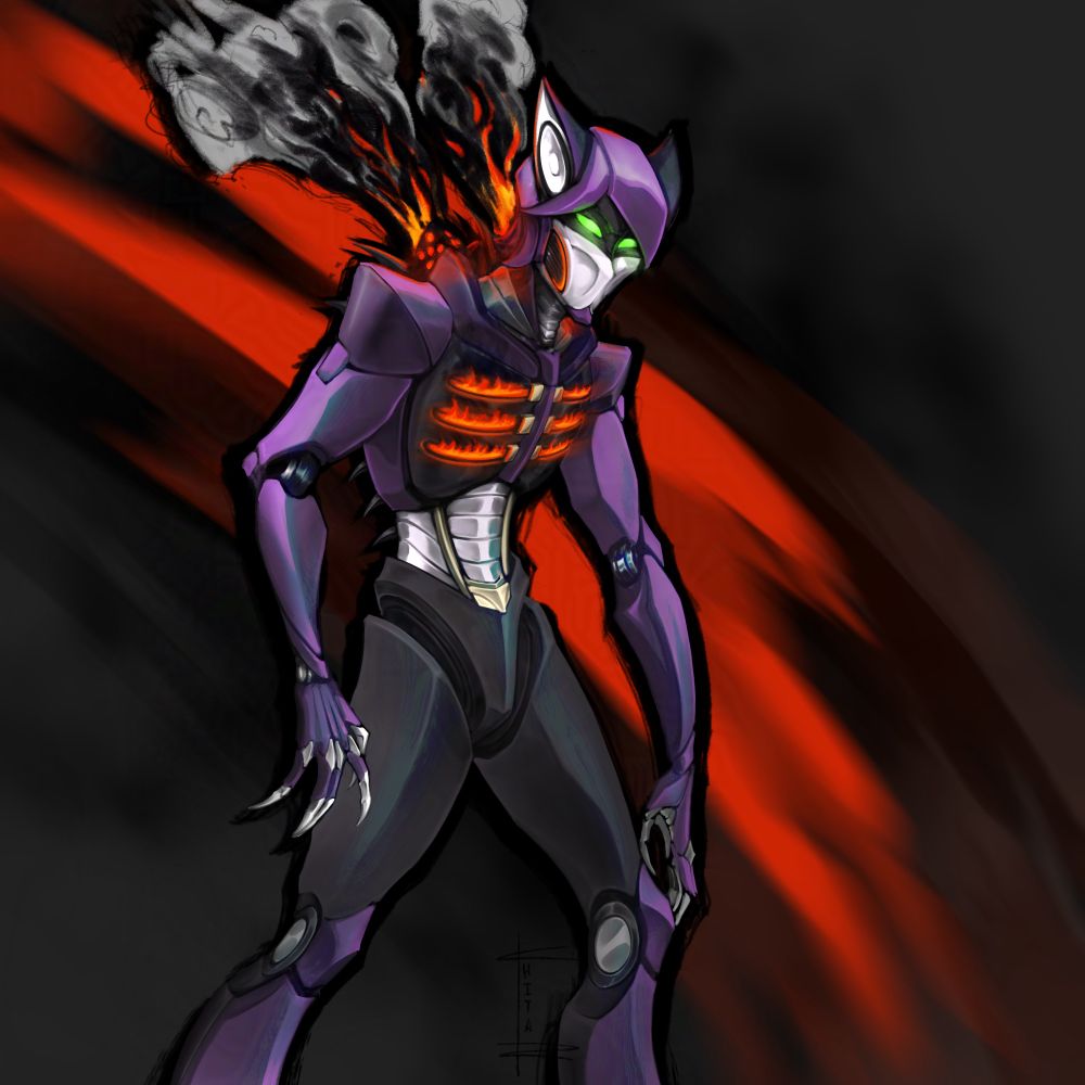 Digital art of a robot fox demon character
