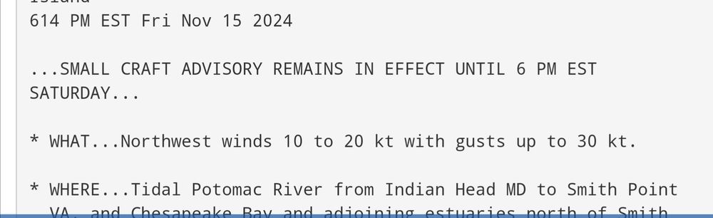 A small craft advisory is in effect until 6pm EST Saturday. Northwest winds 10 to 20 knots with gusts up to 30 knots are possible.