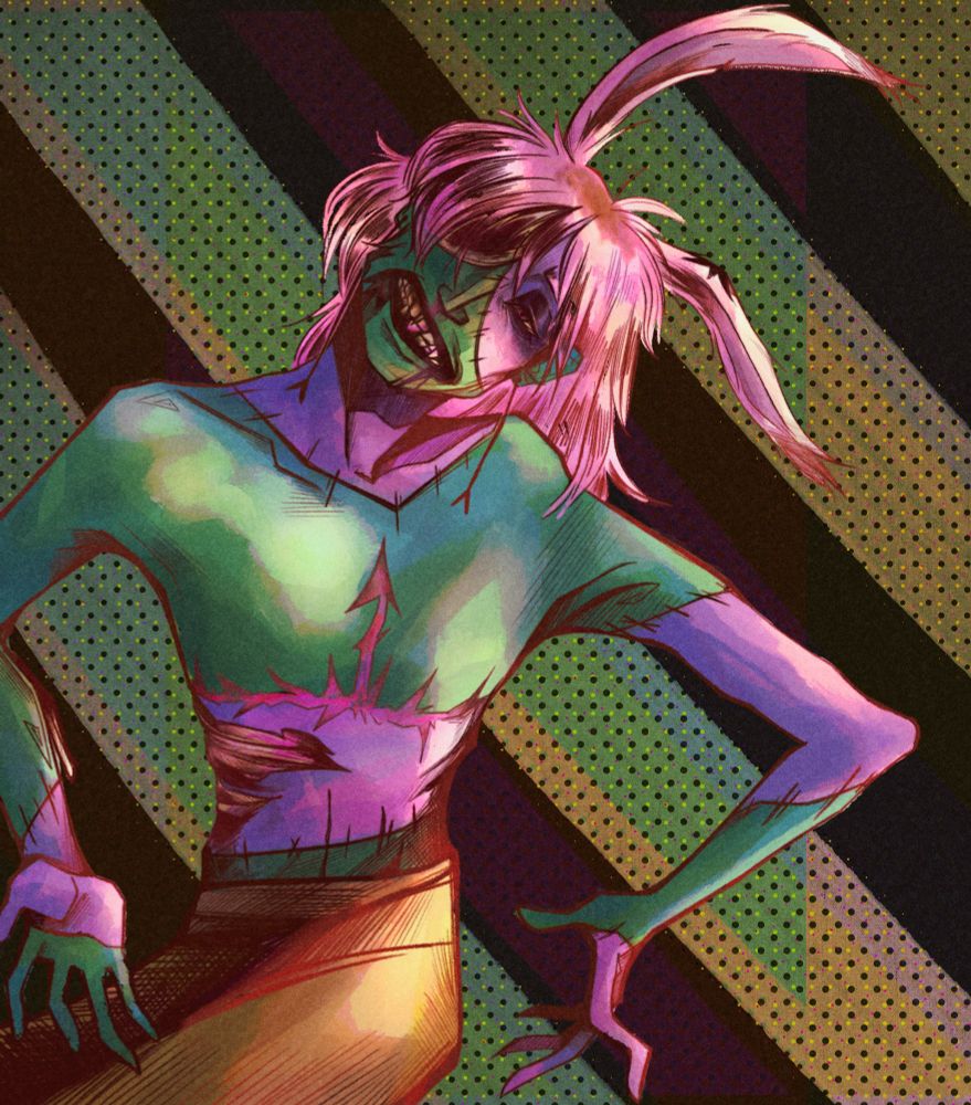 Brightly colored zombie with bunny ears. Pose and framing referencing the Circa Survive album The Inuit Sessions.