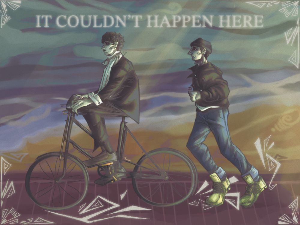 Neil Tennant riding a bike while wearing a suit along with a scarf. While Chris Lowe is behind Neil, doing a silly run while wearing a leather jacket, jeans and beanie all on a background of a beach. 

Has text top center “IT COULDN’T BE HERE”