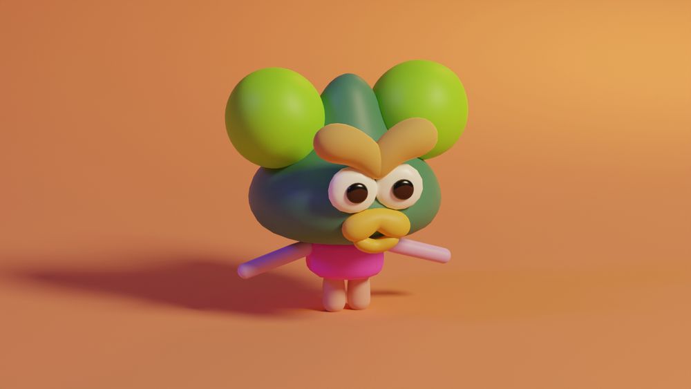 3d render of a small colourful creature on an orange bg