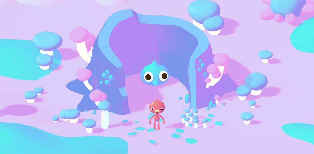 bright pastel coloured log with mushrooms on it and around it, small monkey like red guy standing in front