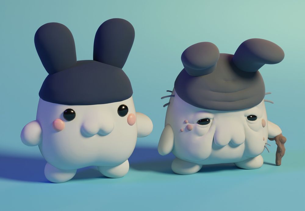 3d render of a white bunny with a blue hat next to an old version of it with a cane