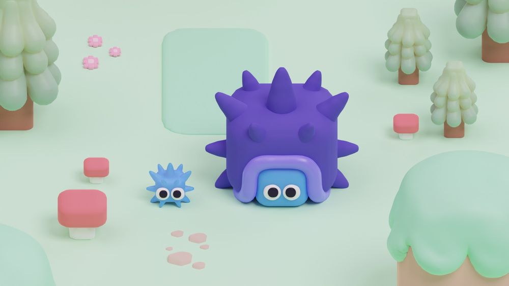 spiky blue snail in a forest next to a small blue urchin
