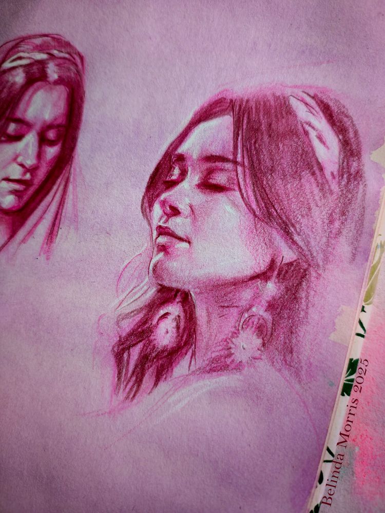 red and pink sketch of a woman looking down slightly over her left shoulder. She has long hair and wears star and crescent earrings. There's another sketch to the far left of the same woman. Drawn on paper that has a wash of a light purple.