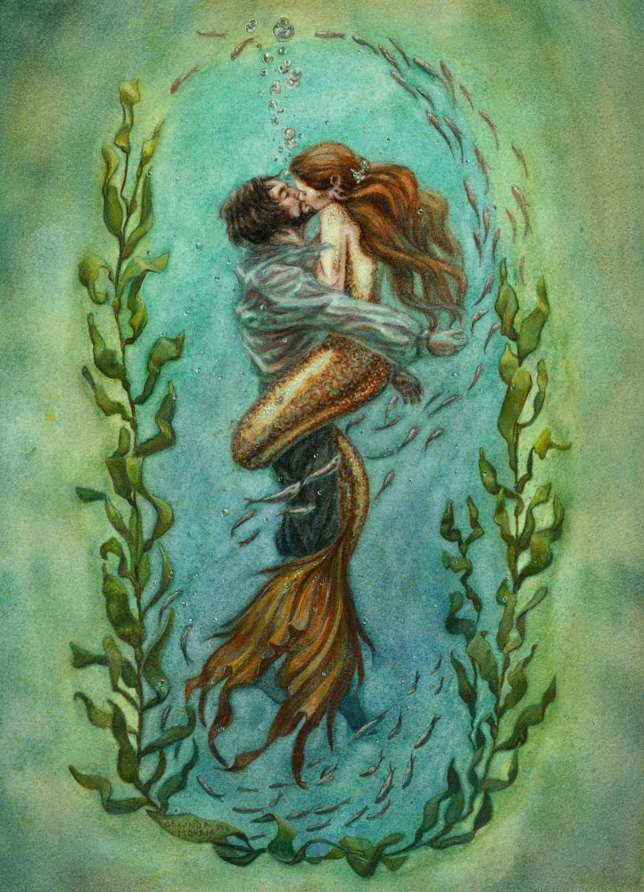Mermaid embracing and kissing a man underwater with green and blue background