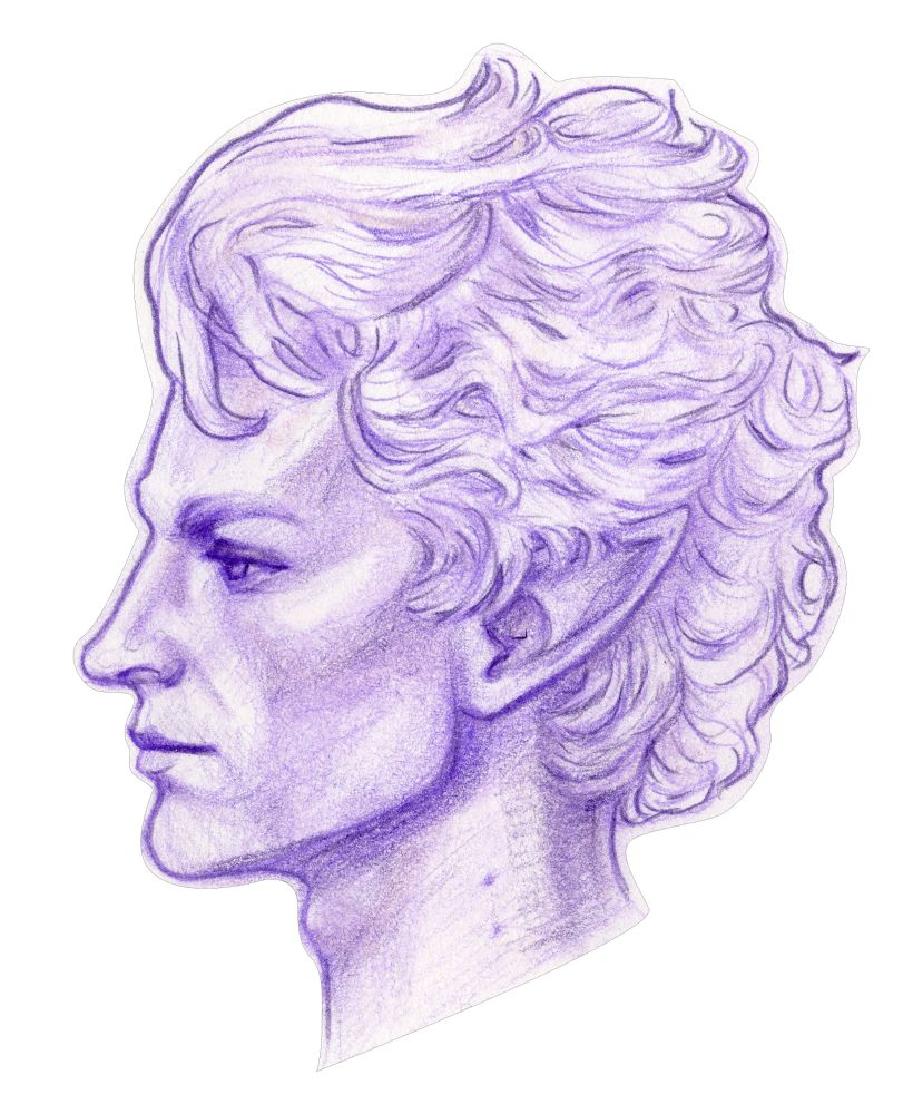 A drawing of Astarion from Baldur's Gate 3 in profile facing left drawn in purple pencil 