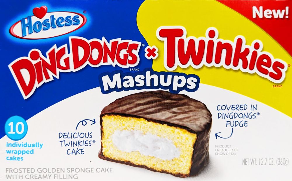 Hostess Ding Dongs x Twinkies mashup with delicious Twinkies cake covered in Ding Dongs fudge