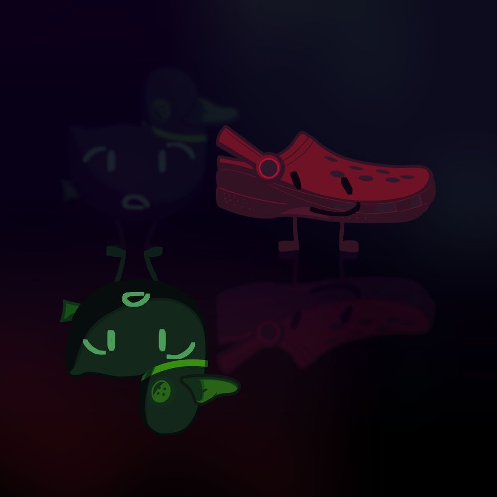 Two of my object OCs, Duck Plush and Croc, standing on opposite vertical planes of each other, their respective reflections appearing to be beside the other. Duck Plush is tinted a dark Teal and Croc is tinted a dark Red

True maniacs will pick up on what i'm putting down