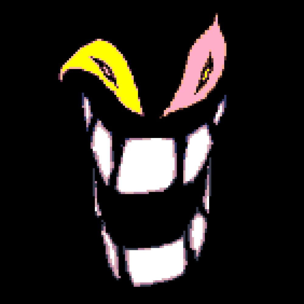 IMAGE_FRIEND/DEVICE_FRIEND from Deltarune, smiling, mouth open agape in the dark, it's eyes twist and contort with sharpened pupils and a seemingly mocking expression