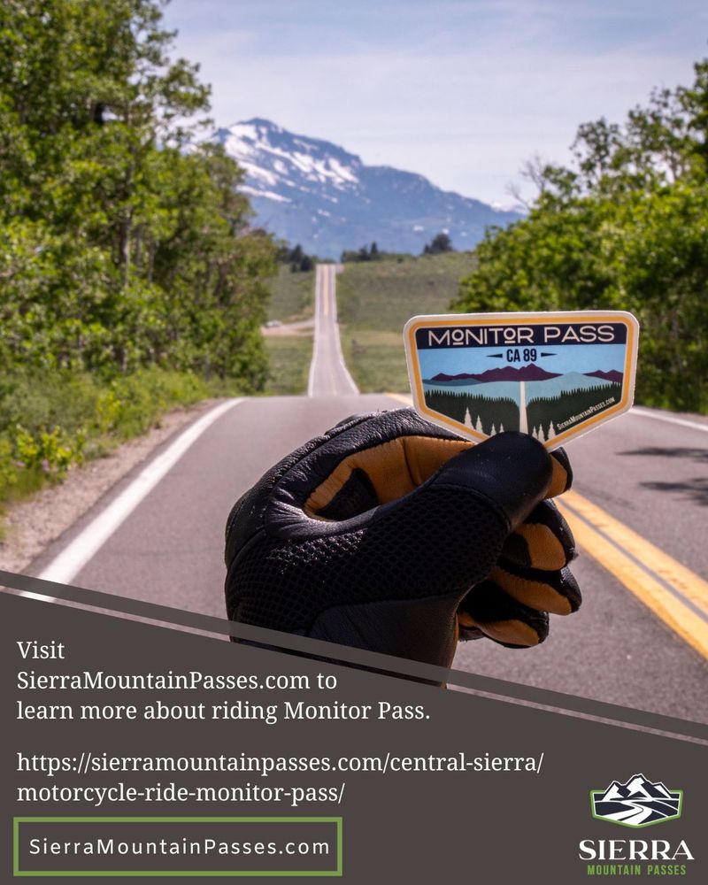 Gloved hand holding Monitor Pass graphic sticker with same real-life vista in the background and text reading "Visit
SierraMountainPasses.com to
learn more about riding Monitor Pass. 

https://sierramountainpasses.com/central-sierra/ motorcycle-ride-monitor-pass/"