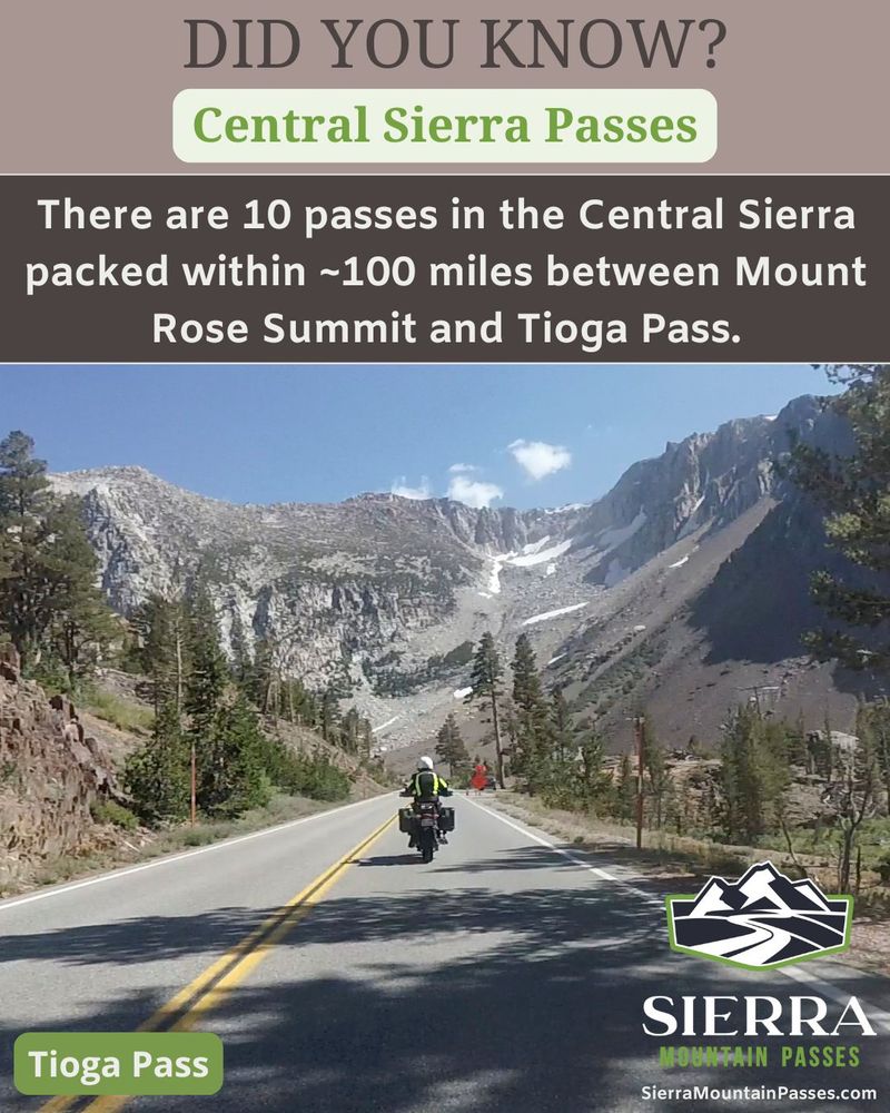 Image of motorcyclist on Tioga Pass with rugged mountains in the background with text that reads: Did you Know? There are 10 passes in the Central Sierra packed within ~100 miles between Mount Rose Summit and Tioga Pass.