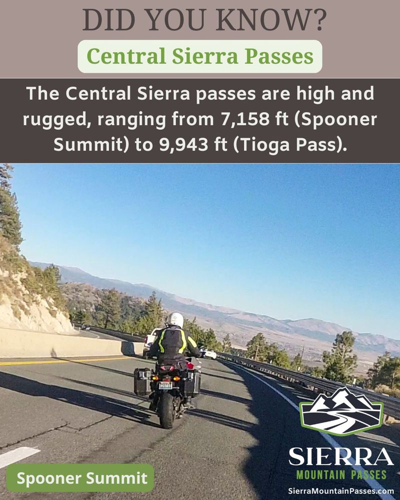 Image of motorcyclist on Spooner Summit with Carson Valley in the background and text that reads: Did you know? The Central Sierra passes are high and rugged, ranging from 7,158 ft (Spooner Summit) to 9,943 ft (Tioga Pass).