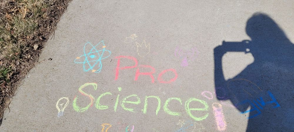 The words "Pro Science" are written in chalk surrounded by scientific symbols. The atomic symbols and the light blub are the only ones easily seen in the photo.