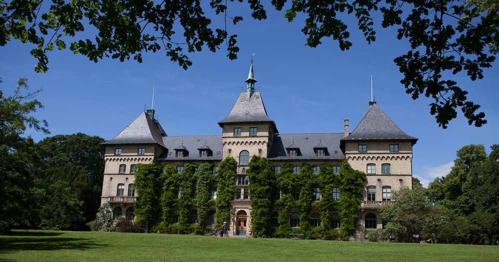 This is the opposite side of the castle in the previous picture. Here three distinct 'towers' cant be see with two sections of building between them. This side of the case appears to only have one entrance and the sections between the towers are covered in thick green foilage   with the exception of the 12 windows in each section spread over three floors.