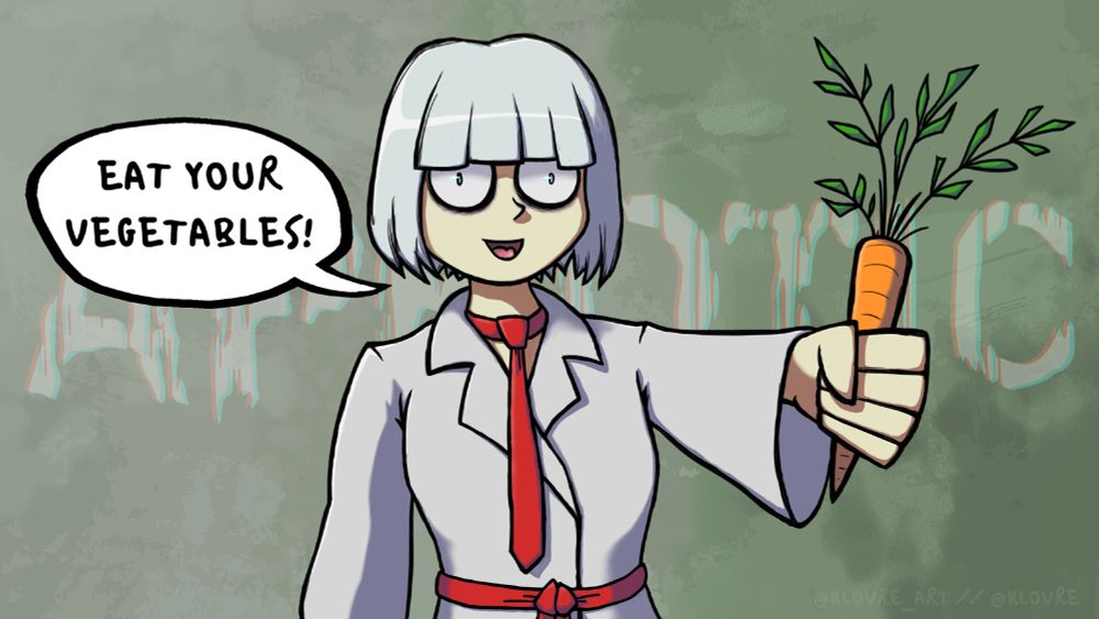 Erin Webb, a character from webcomic Aphotic menacingly holding a carrot while facing the viewer, ordering them to eat.